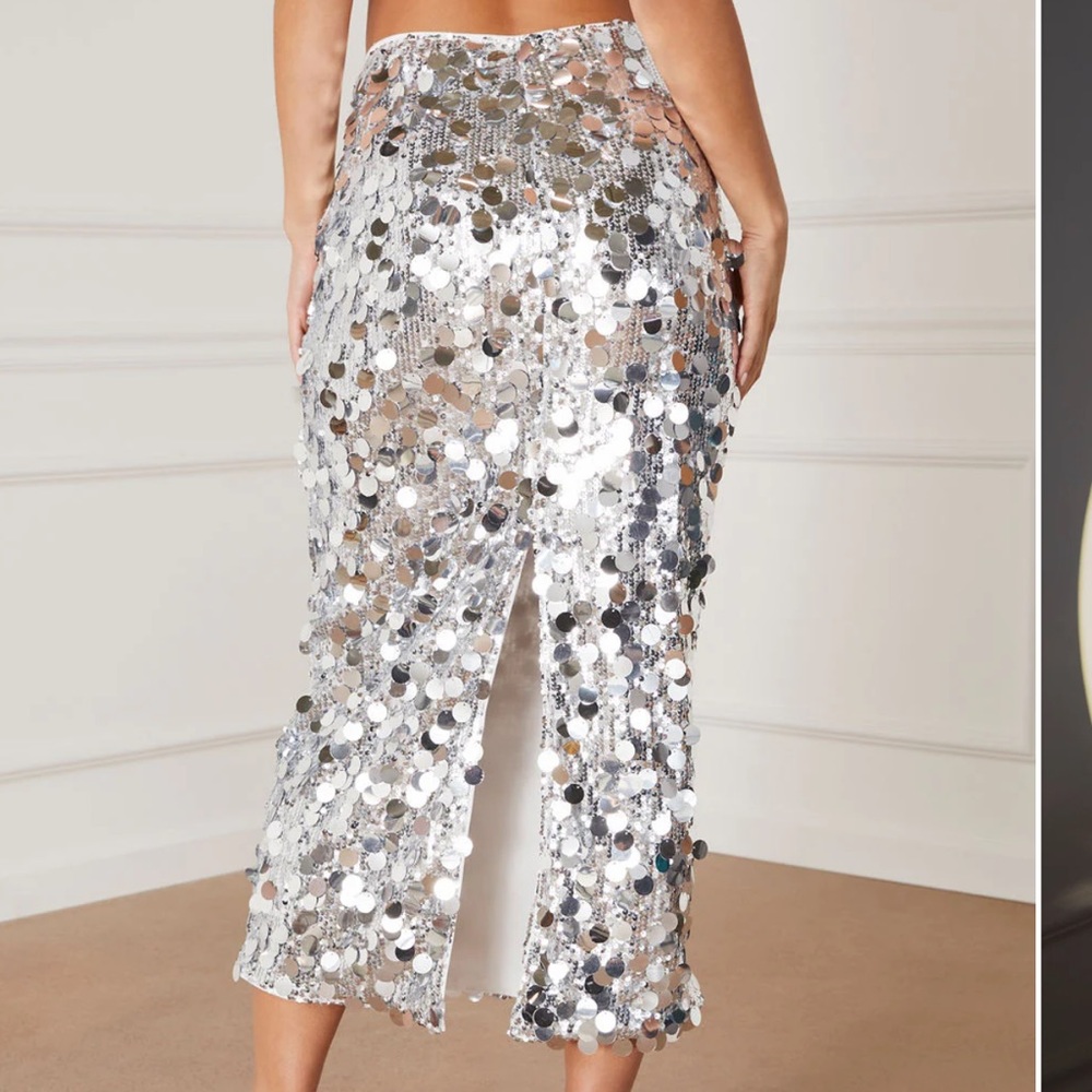 Vici Liya Paillette Sequin Sparkle Silver Maxi Skirt - Picture 3 of 9